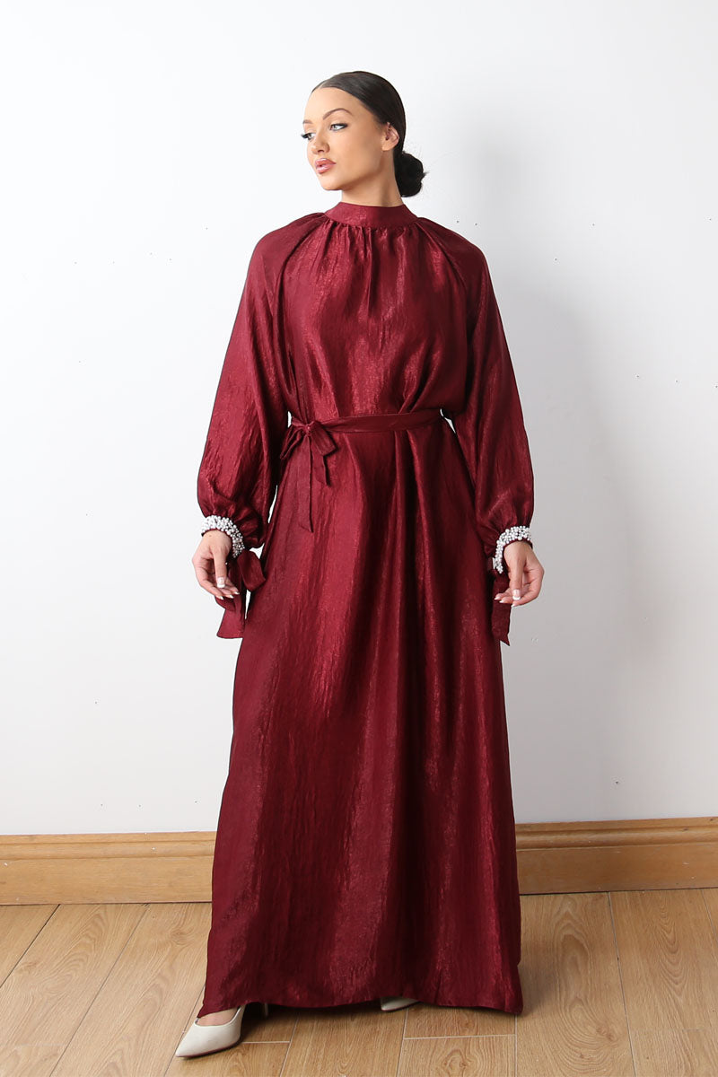 BEADED PEARL ABAYA BURGUNDY