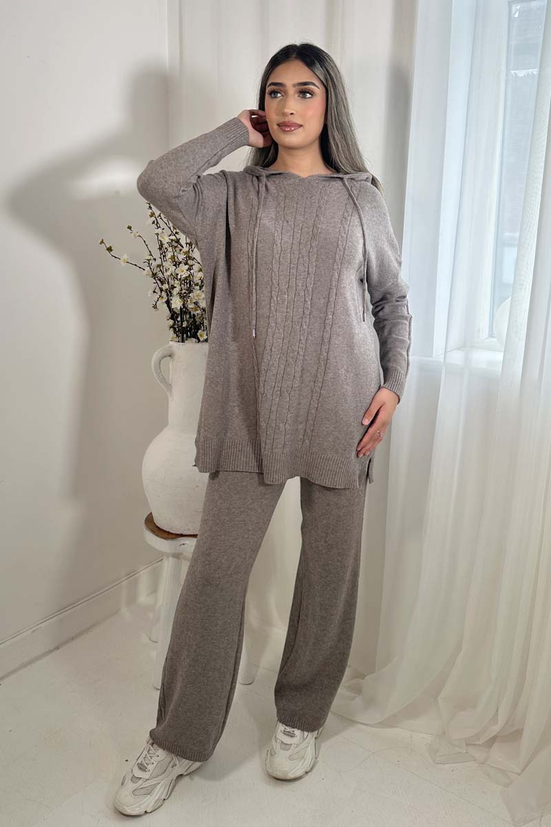 CABLE KNIT HOODY COORD GREY