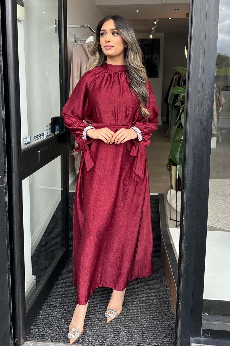 BEADED PEARL ABAYA BURGUNDY