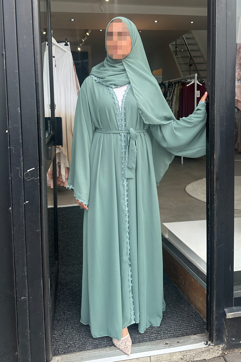 AMIRA LACE ABAYA SEA GREEN