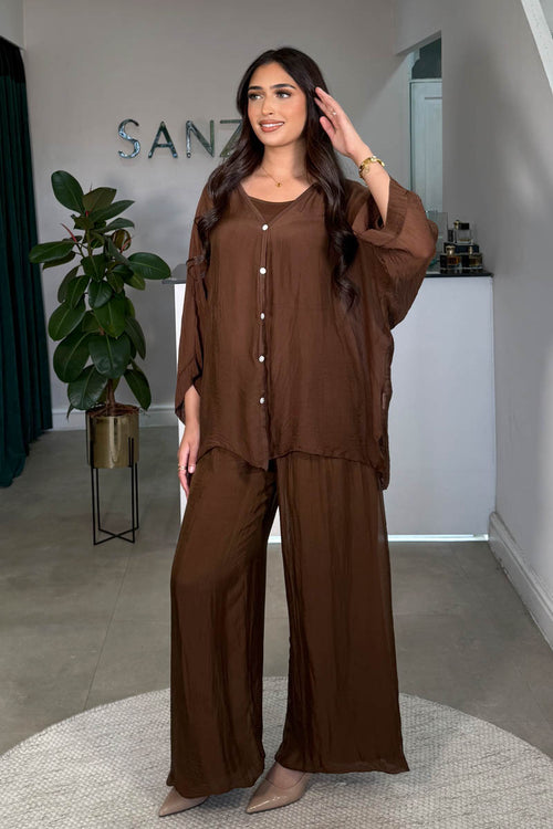 ZENA BUTTON SHIRT COORD BROWN