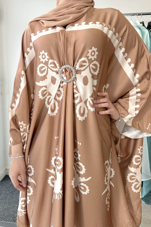SARA PRINTED DIAMANTE KAFTAN CAMEL