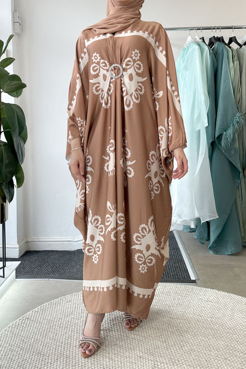 SARA PRINTED DIAMANTE KAFTAN CAMEL