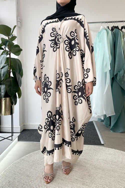 SARA PRINTED DIAMANTE KAFTAN CREAM