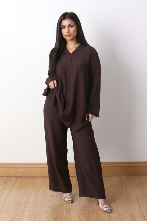 NORA V-neck two piece coord set brown