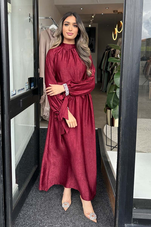 BEADED PEARL ABAYA BURGUNDY
