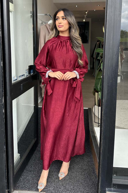 BEADED PEARL ABAYA BURGUNDY