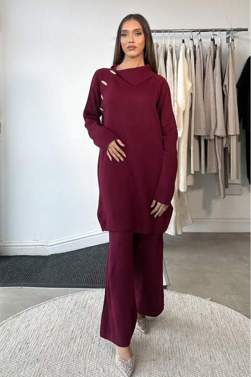 MARI GOLD BUTTON COORD BURGUNDY